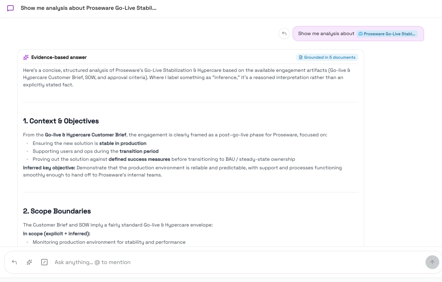 Peaktify giving an evidence-based answer grounded in project documents