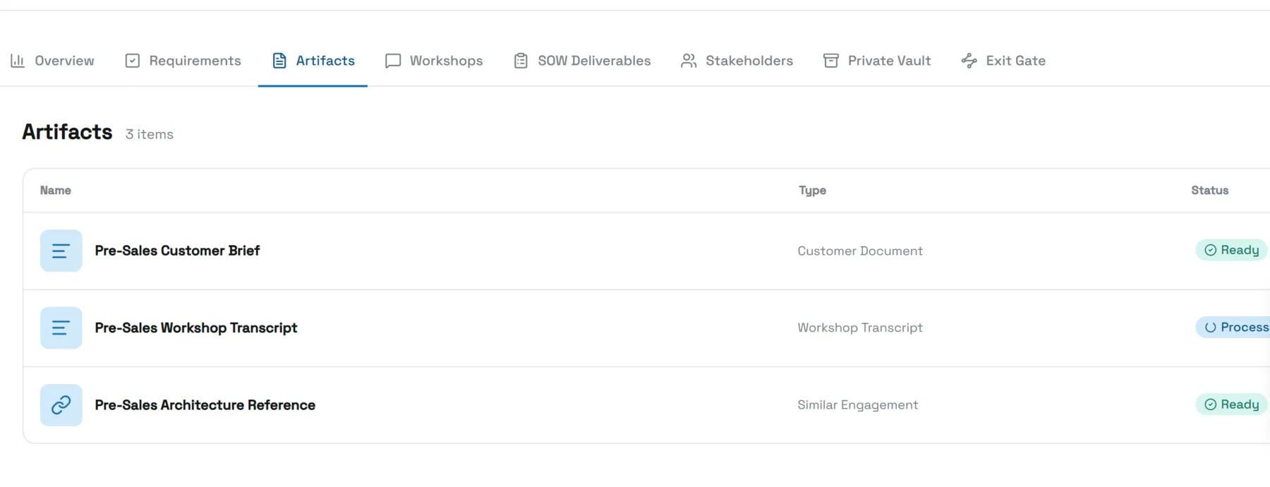 Project artifacts — customer brief, workshop transcript, architecture reference — listed as evidence