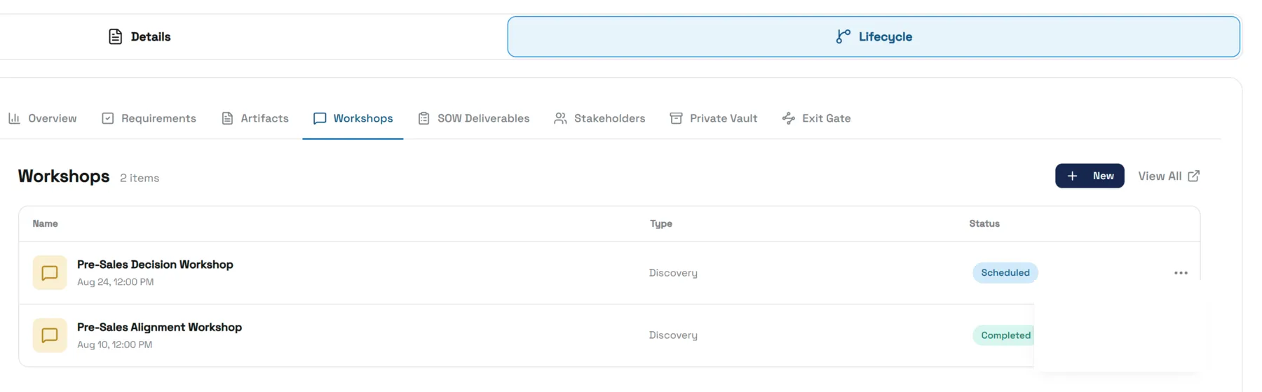 The engagement workshops — a completed pre-sales alignment workshop, and the next decision workshop already scheduled