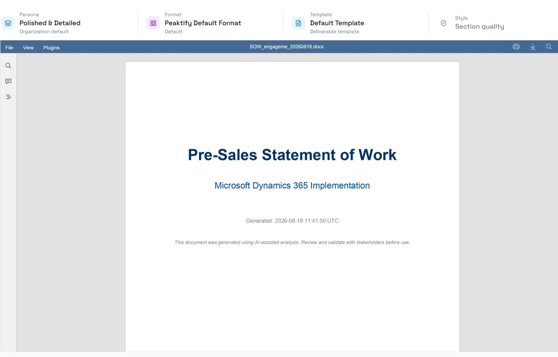 The generated statement-of-work document
