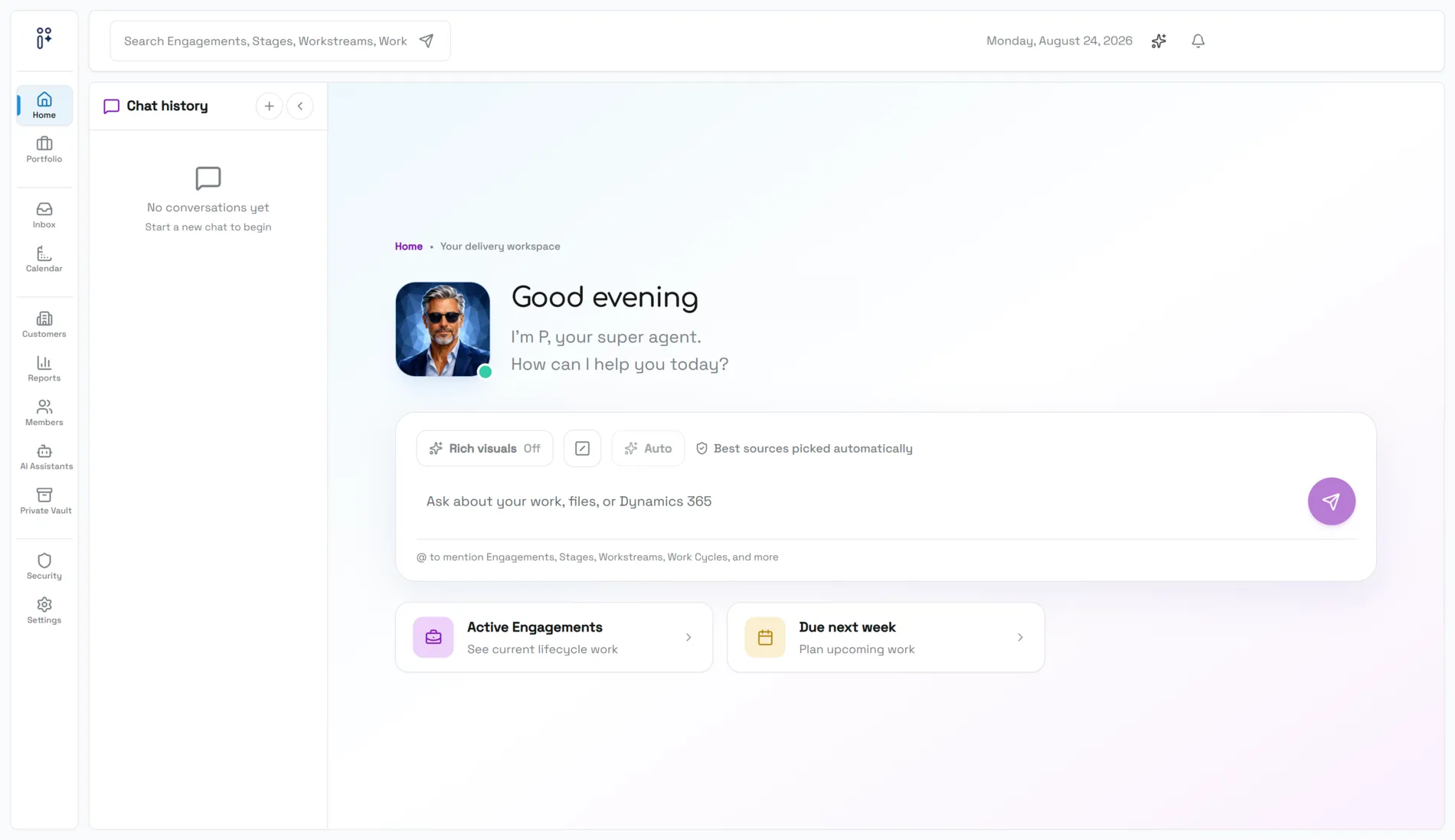 The Peaktify home — P, your super agent, above an empty composer