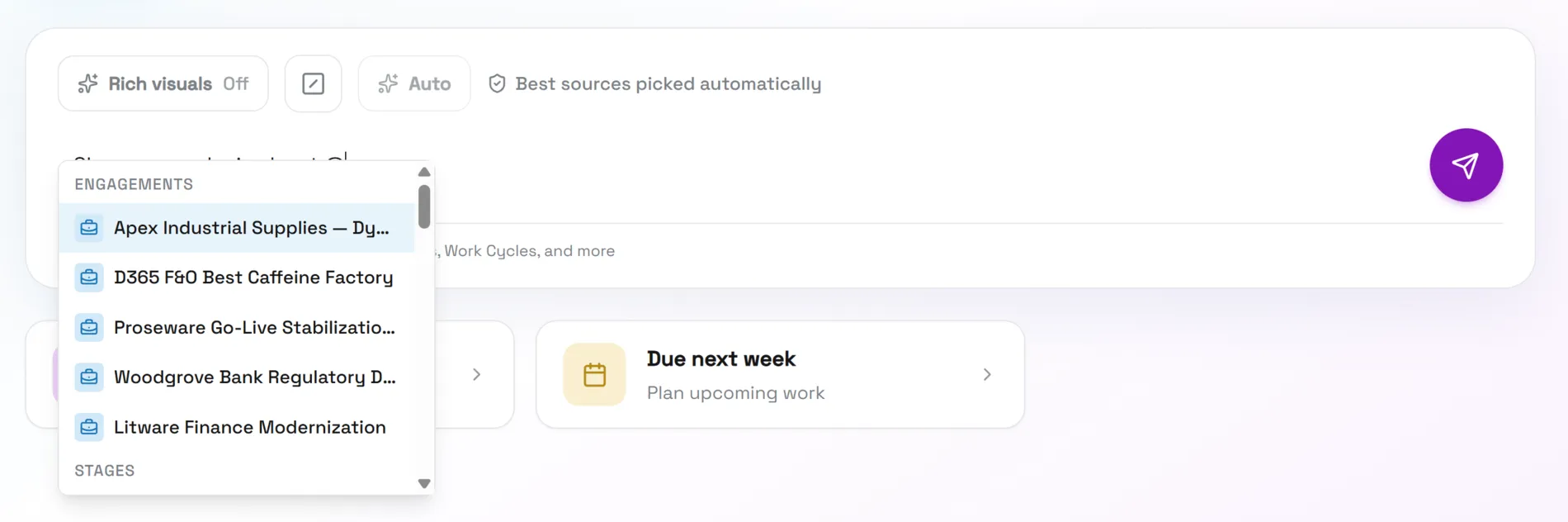 The engagement picker open over the composer, listing engagements