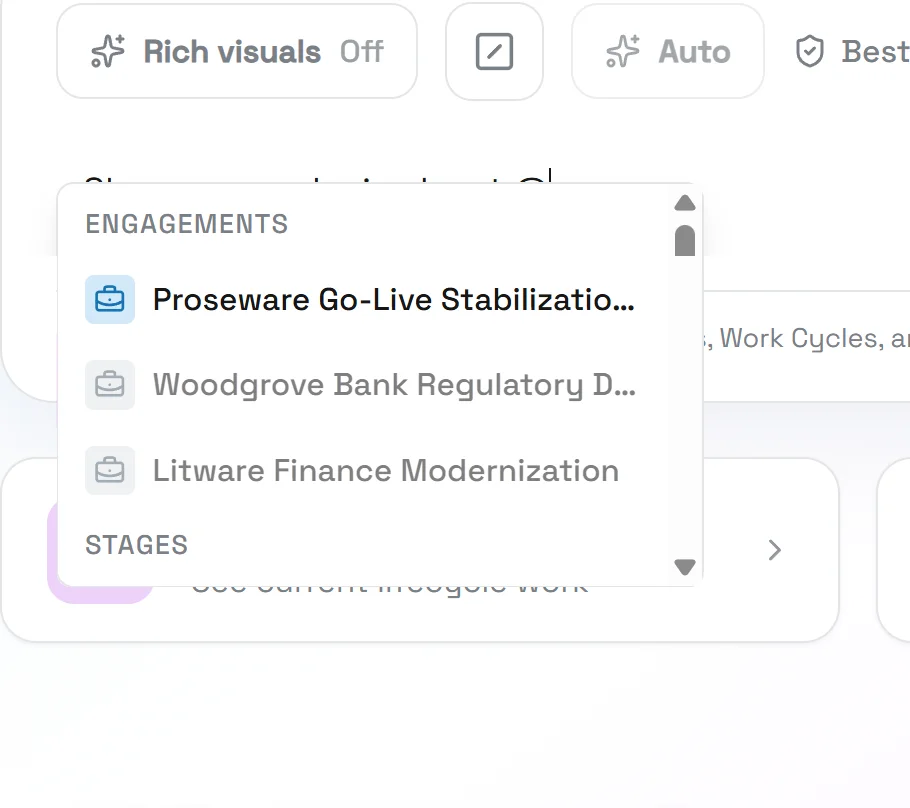 The engagement picker open over the composer