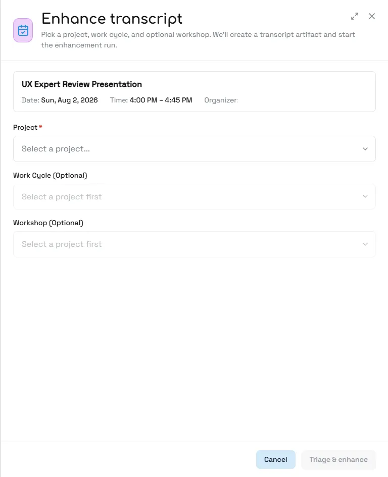 The Enhance transcript drawer before configuration