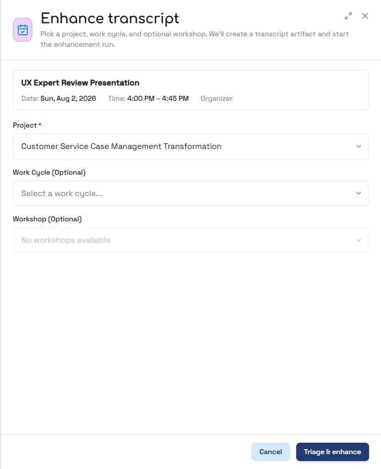 The drawer configured with a project; Triage & enhance enabled