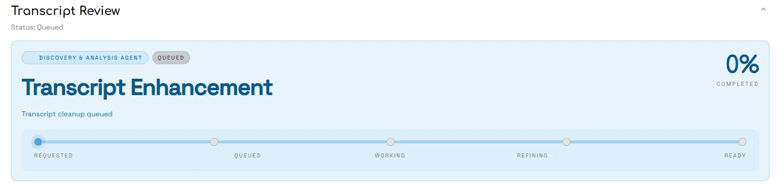 Transcript enhancement queued at 0% completed