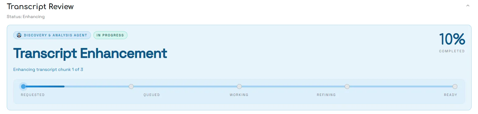 Transcript enhancement at 10% — enhancing chunk 1 of 3