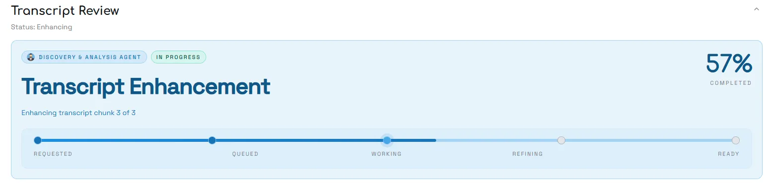Transcript enhancement at 57% — enhancing chunk 3 of 3