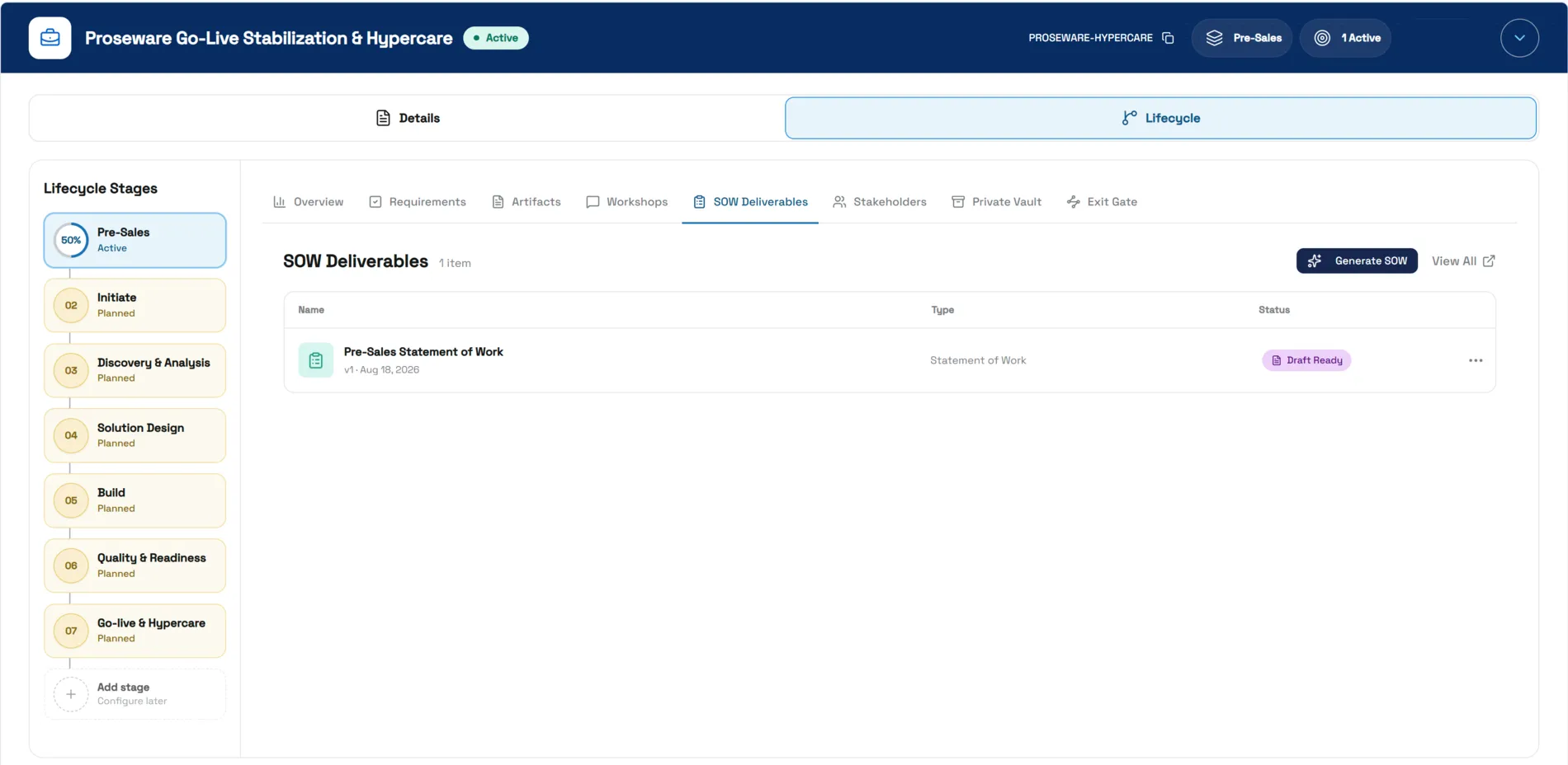The engagement workspace on SOW Deliverables with a draft-ready statement of work