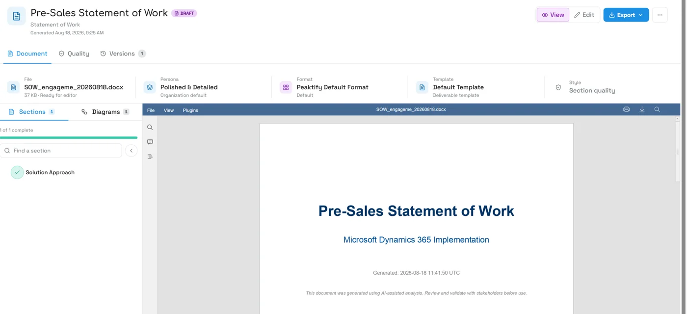 The draft Statement of Work document with its AI-review note