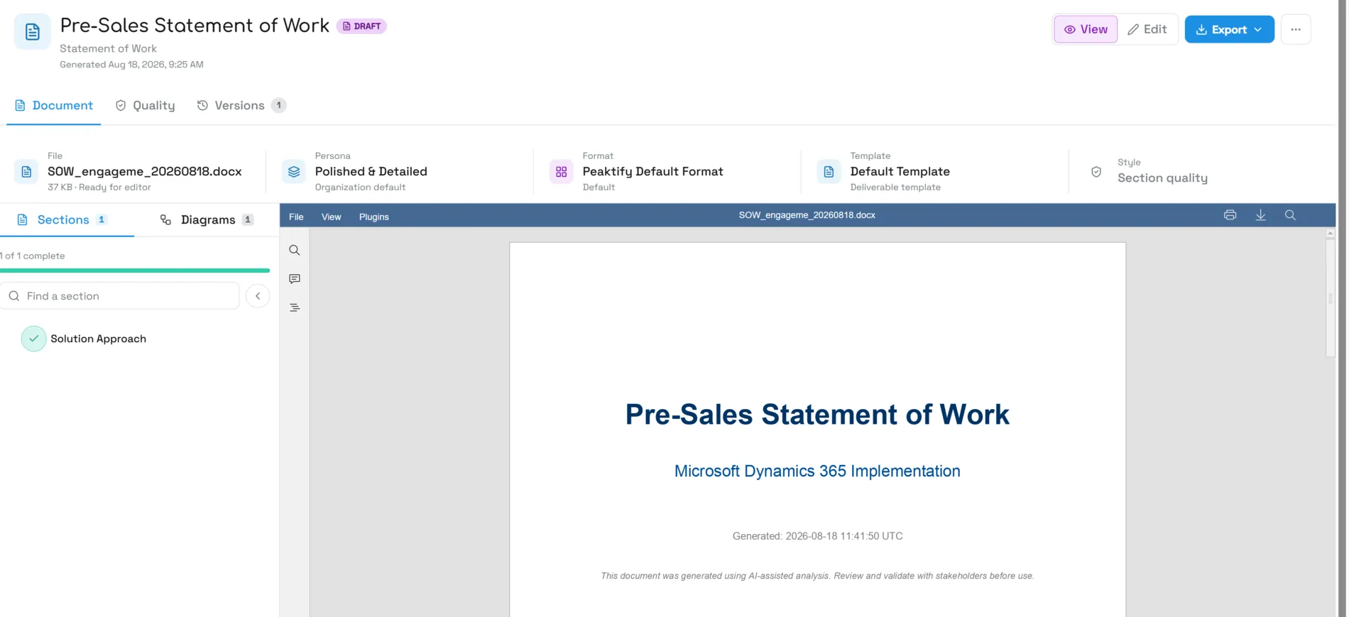 The statement of work title page with its AI-review disclaimer