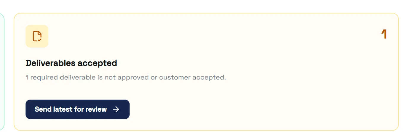 Deliverables accepted — the Send latest for review action waits on a human