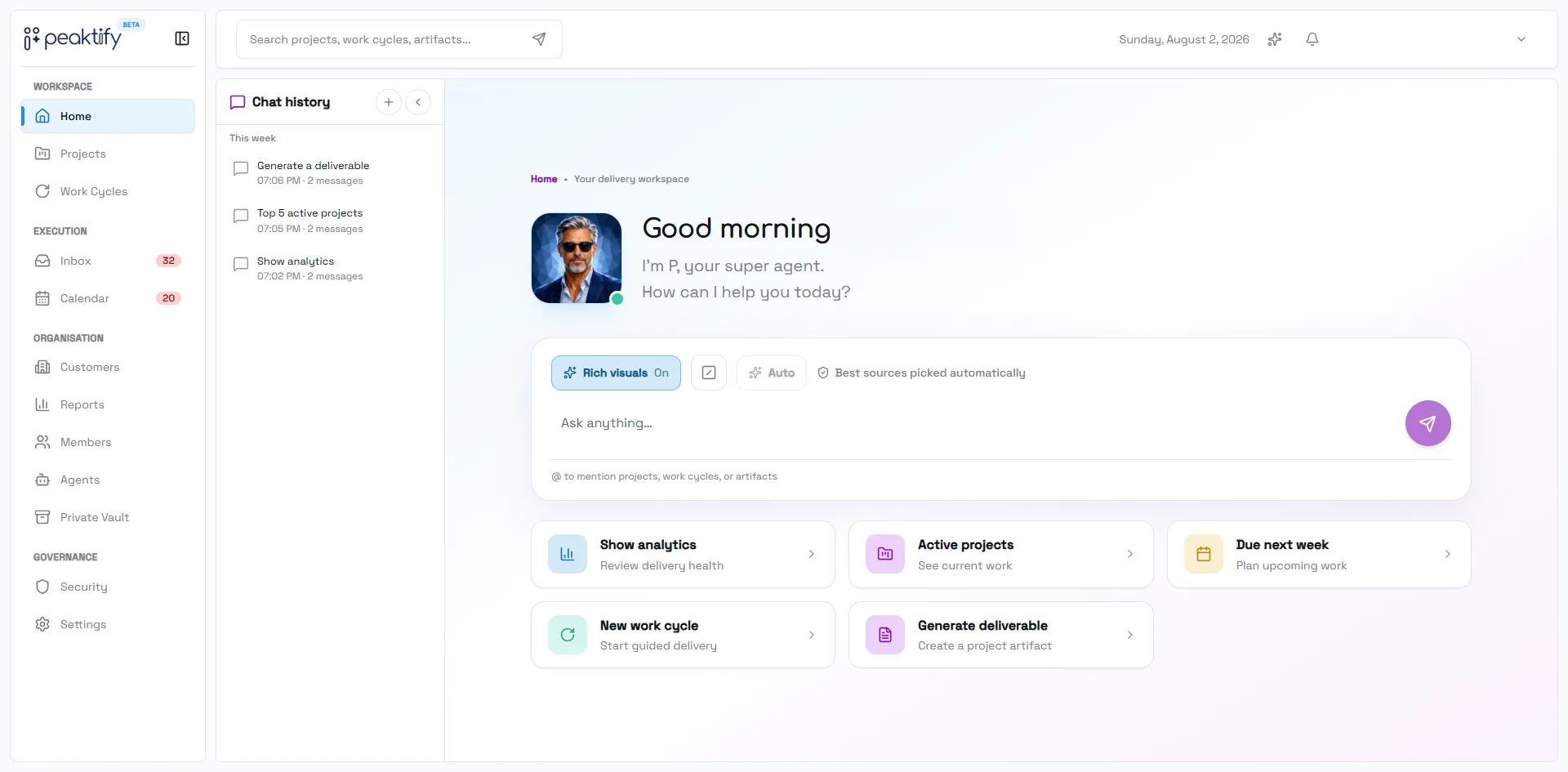 The P command centre home screen in Peaktify