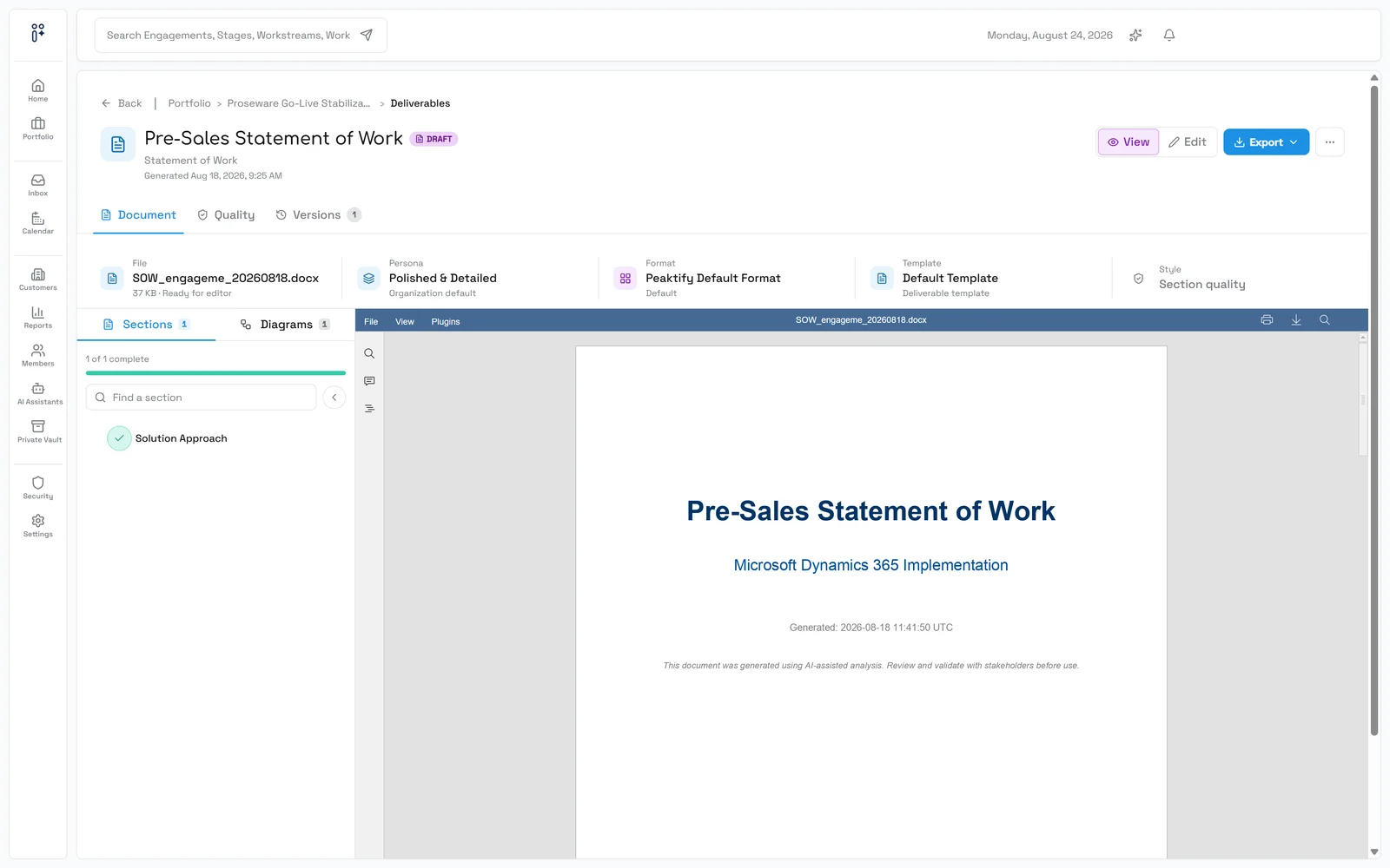 The draft Statement of Work document open in the workspace, marked for review